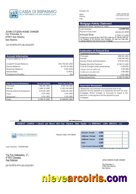 San Marino Cassa di Risparmio bank mortgage statement